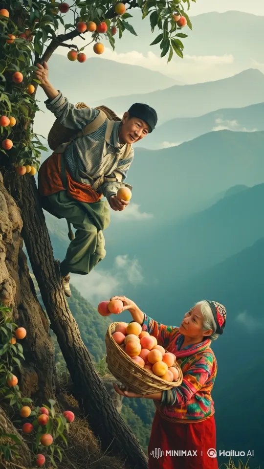 Elderly Couple Harvesting Peaches on Cliffside – AI Generated Video | Hailuo AI