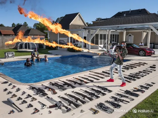 Man with Flamethrower Entertains by Pool – AI Generated Video | Hailuo AI