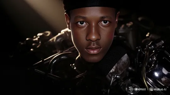 Intense Close-Up of Young Black Person Amidst Machinery – AI Generated Video | Hailuo AI