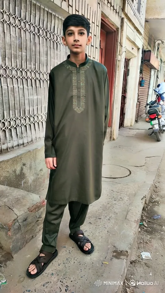 Young Boy in Embroidered Tunic Stands Calmly on Urban Sidewalk – AI Generated Video | Hailuo AI