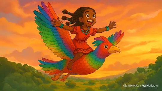 Girl and Rainbow Bird Soar Through Golden Sunset Sky – AI Generated Video | Hailuo AI
