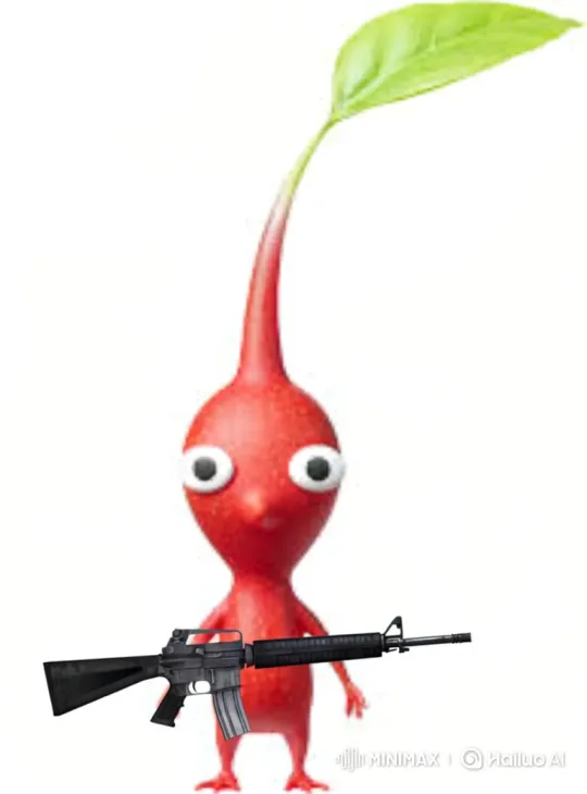 Red Pikmin with Assault Rifle: Dynamic Jump and Fire Sequence – AI Generated Video | Hailuo AI