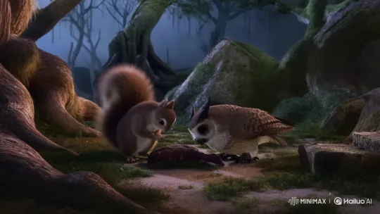 Squirrel and Owl Share Prey in Twilight Forest – AI Generated Video | Hailuo AI