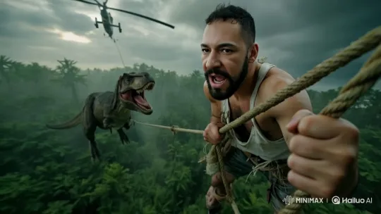 Man and Dinosaur Hang from Helicopter Rope in Jungle Setting – AI Generated Video | Hailuo AI