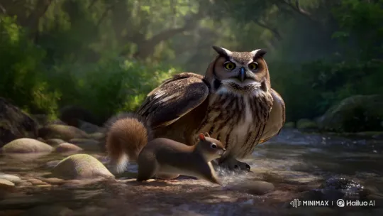 Squirrel and Owl Playfully Bathing in a River – AI Generated Video | Hailuo AI