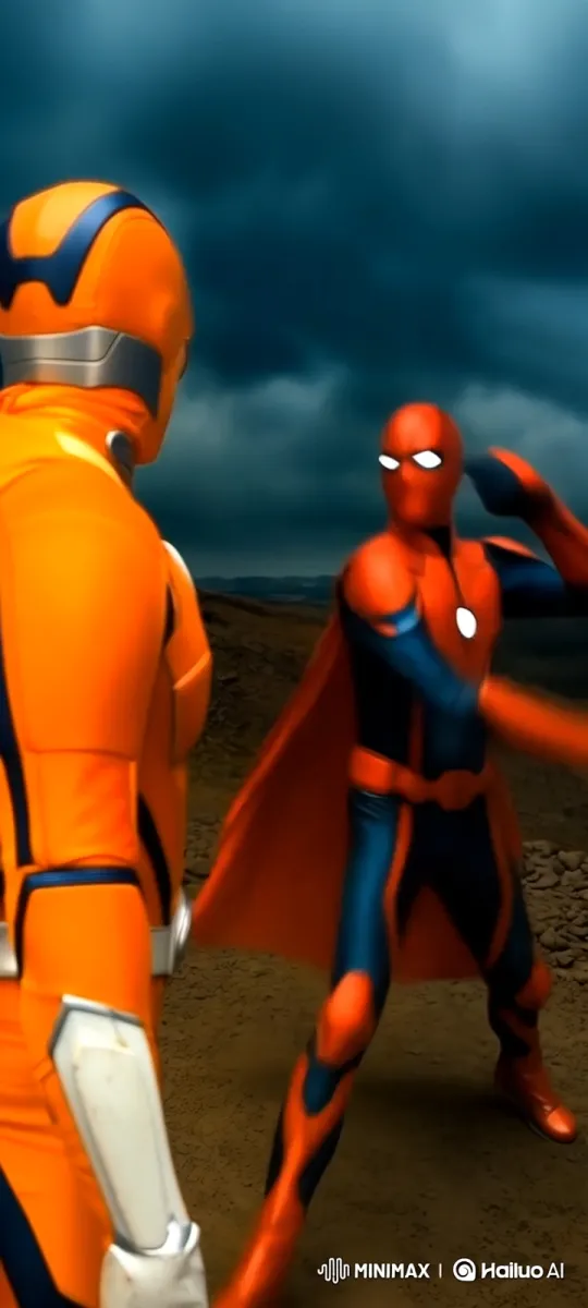 Superhero Showdown: Orange vs. Red in Stormy Sky – AI Generated Video | Hailuo AI