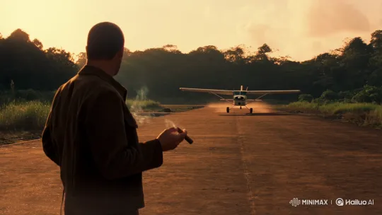 1990s Narco-Style Man Smokes on Jungle Airstrip at Sunset – AI Generated Video | Hailuo AI