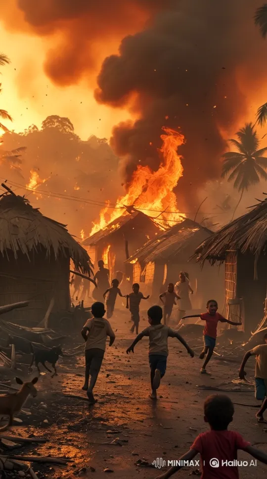 Village in Flames: Children and Animals Fleeing Wildfire – AI Generated Video | Hailuo AI