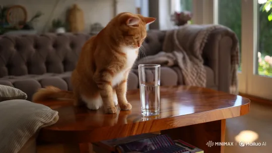 Curious Cat Tips Over Glass of Water – AI Generated Video | Hailuo AI