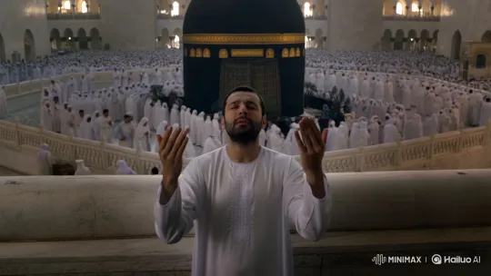 Muslim Pilgrim in Devout Prayer at the Grand Mosque – AI Generated Video | Hailuo AI