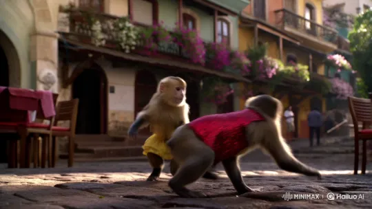 Capuchin Monkeys Perform Salsa in Colombian Plaza – AI Generated Video | Hailuo AI