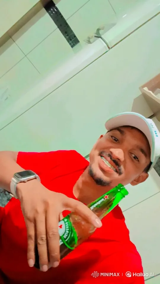 Young Man Toasts with Green Bottle in Cool Light – AI Generated Video | Hailuo AI