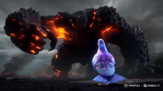 Universal Pigeon Battles Lava Monster in Cosmic Clash – AI Generated Video | Hailuo AI