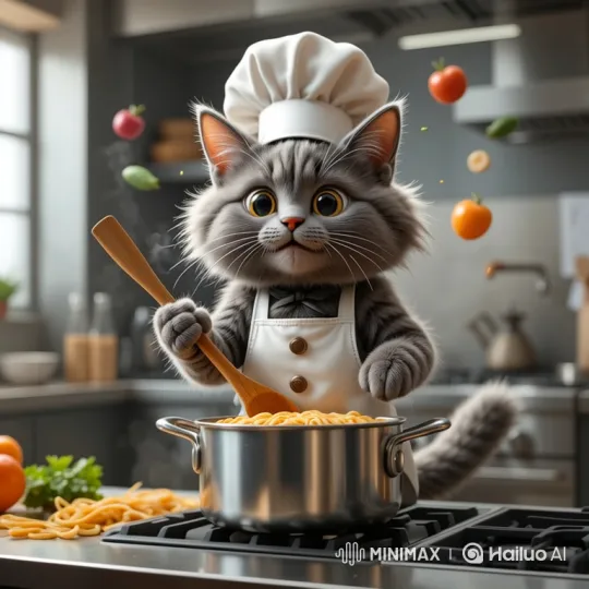 Adorable Cat Chef Stirs Pasta in Magical Kitchen – AI Generated Video | Hailuo AI