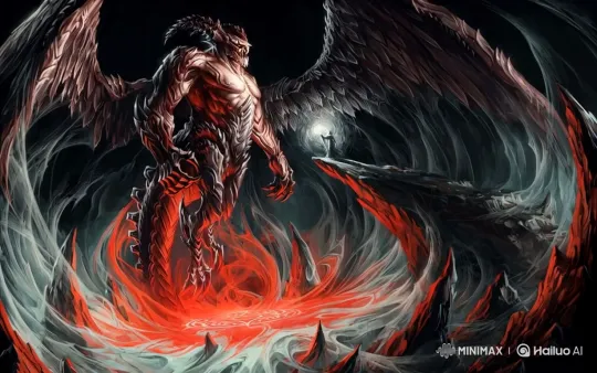Human Battles Colossal Demon in Fiery Abyssal Arena – AI Generated Video | Hailuo AI