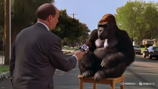 Man Interviews Calm Gorilla on Paved Road – AI Generated Video | Hailuo AI