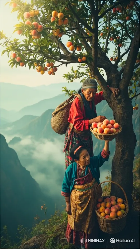 Elderly Couple Harvesting Peaches on Mountain – AI Generated Video | Hailuo AI