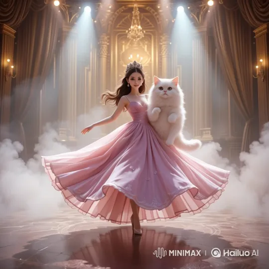 Graceful Ballerina Twirls with Cat in Opulent Hall – AI Generated Video | Hailuo AI