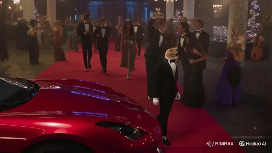 Tuxedo Cat Arrives in Sports Car at Glamorous Feline Gala – AI Generated Video | Hailuo AI