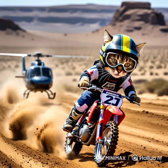 Tabby Cat Pilot Races Dirt Bike in Desert with Helicopter Chase – AI Generated Video | Hailuo AI