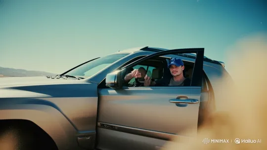 Young Man in SUV Accelerates in Desert Landscape – AI Generated Video | Hailuo AI