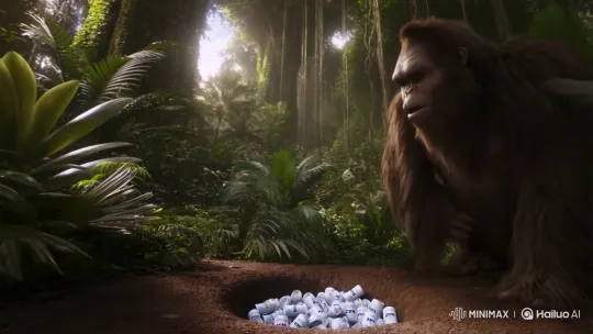 Curious Bigfoot Finds Zyn Cans in Jungle Hole – AI Generated Video | Hailuo AI