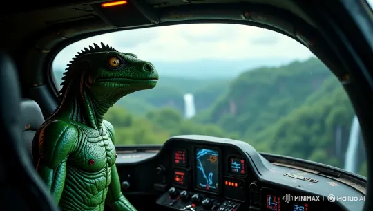 Reptilian Pilot Observes Scenic Valley from Cockpit – AI Generated Video | Hailuo AI