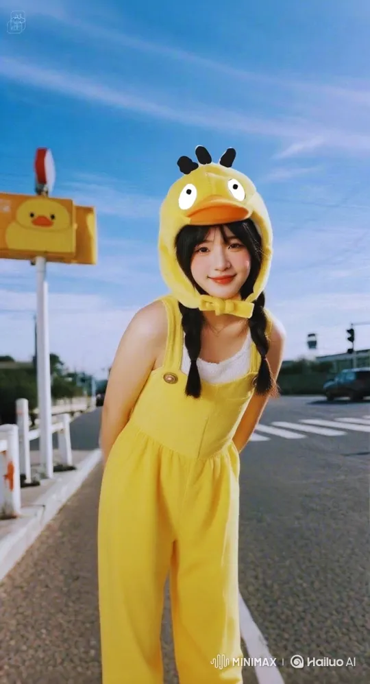 Young Woman in Duck Hood Plays with Camera – AI Generated Video | Hailuo AI