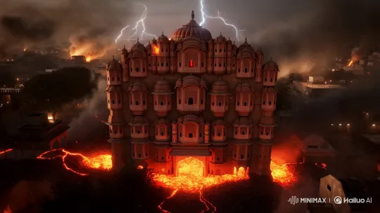 Hawa Mahal Engulfed by Lava in Apocalyptic Twilight Scene – AI Generated Video | Hailuo AI