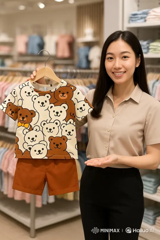 Asian Woman Showcases Child's Outfit in Store – AI Generated Video | Hailuo AI