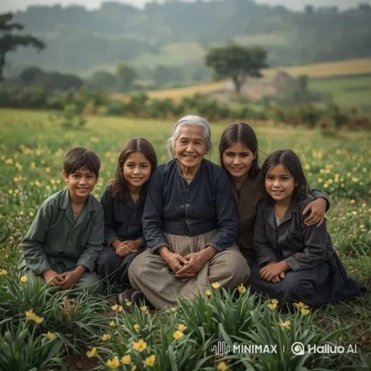 Elderly Woman Cherishes Grandchildren in Serene Landscape – AI Generated Video | Hailuo AI