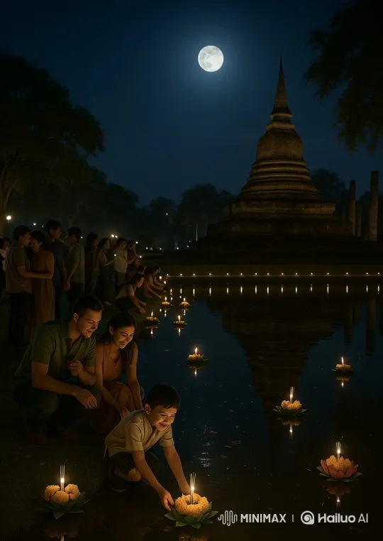 Family Celebrates with Moonlit Floating Offerings at Temple Festival – AI Generated Video | Hailuo AI