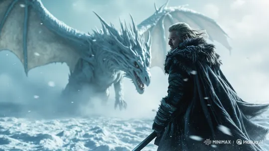 Warrior vs. White Dragon: Tense Standoff on Snowy Battlefield – AI Generated Video | Hailuo AI