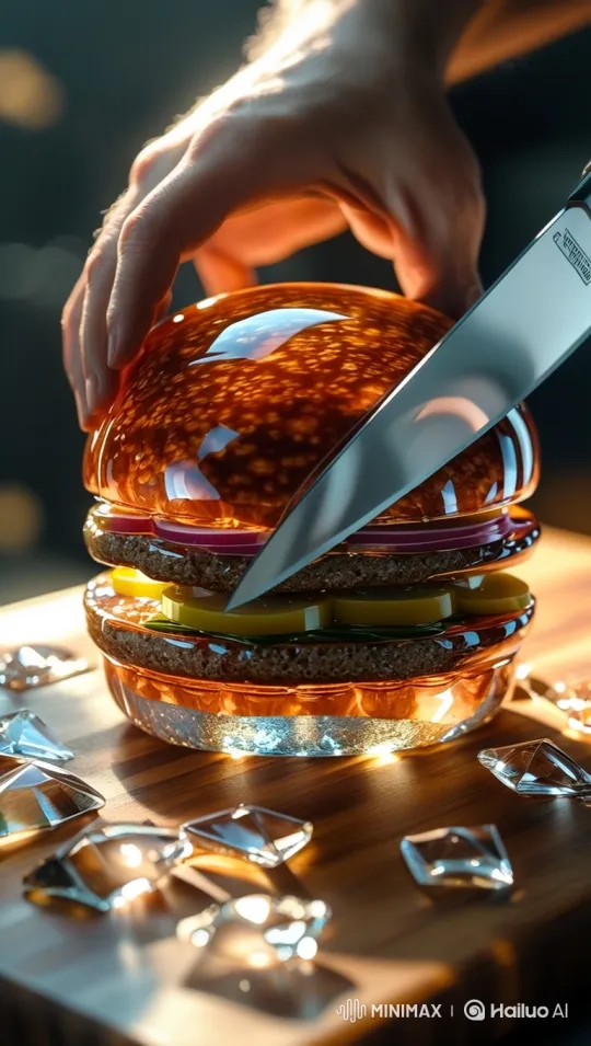 Artistic Glass Burger Sculpture Sliced with Precision – AI Generated Video | Hailuo AI