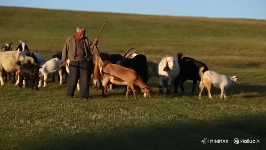 Shepherd Guides Goats Across Sunlit Meadow – AI Generated Video | Hailuo AI