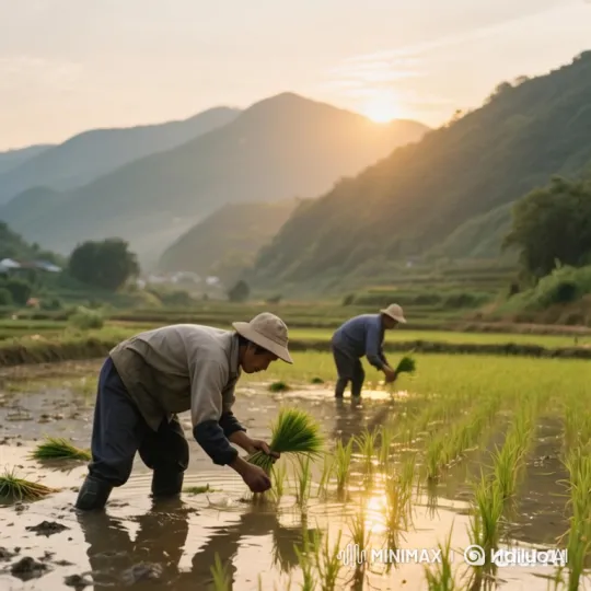 Rice Planting in Golden Hour Paddy Landscape – AI Generated Video | Hailuo AI