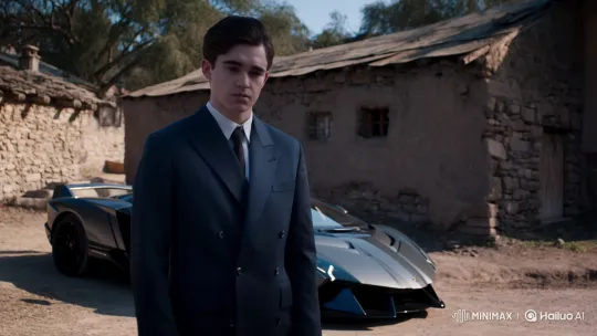 Confident Young Man Drives Lamborghini Veneno Away from Traditional Village – AI Generated Video | Hailuo AI