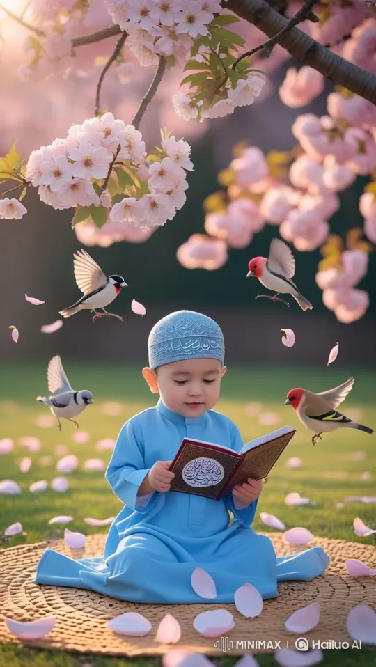 Boy Reads in Tranquil Garden with Blossoming Tree – AI Generated Video | Hailuo AI