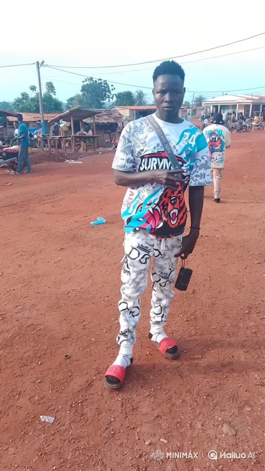 Young Man in Graphic Outfit Stands in Open Rural Market – AI Generated Video | Hailuo AI