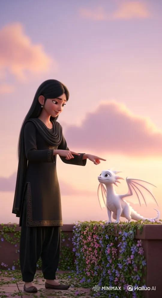 Young Woman Guides Happy White Dragon on Rooftop – AI Generated Video | Hailuo AI