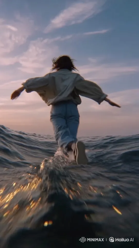 Silhouette Running Desperately Across Ocean at Dusk – AI Generated Video | Hailuo AI