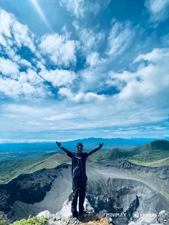 Triumphant Stand on Volcano to Earth from Space – AI Generated Video | Hailuo AI