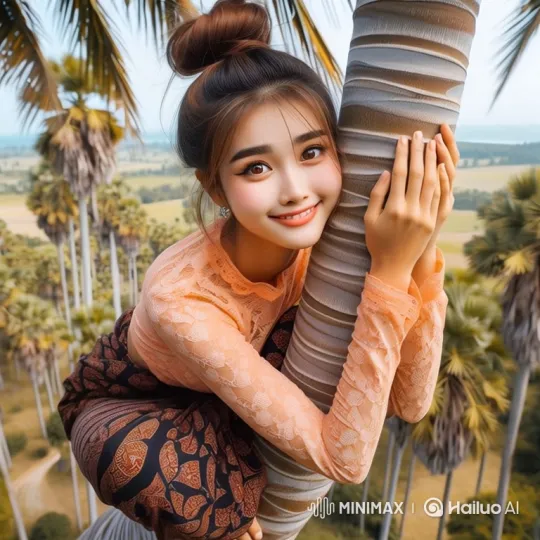 Young Woman in Elegant Attire on Tall Palm Tree – AI Generated Video | Hailuo AI