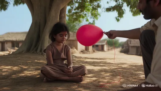 Kind Man Cheers Up Sad Meera with Balloon in Rustic Village – AI Generated Video | Hailuo AI