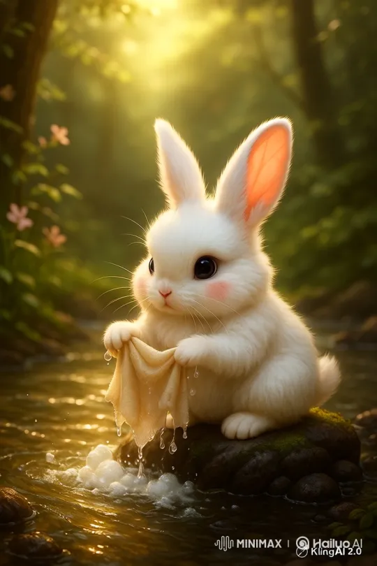 Sunlit Forest: Bunny and Kitten's Joyful Laundry Day – AI Generated Video | Hailuo AI