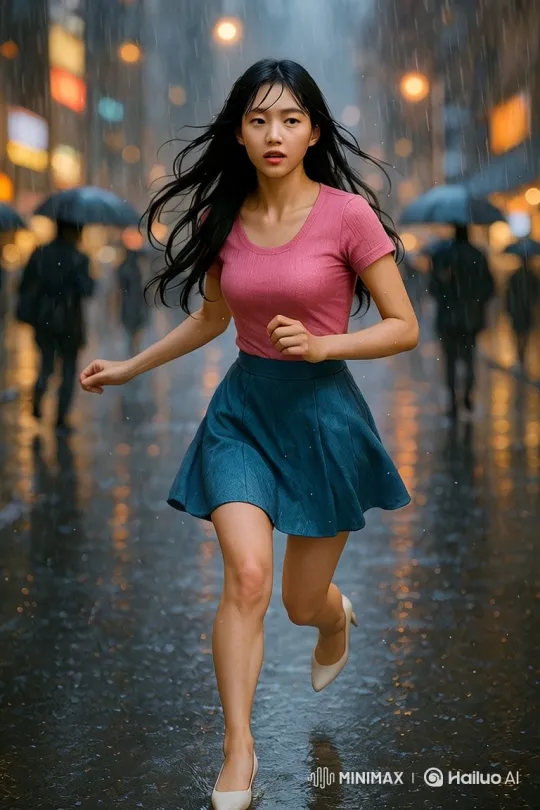 Rainy City Run: Determined Young Woman in Motion – AI Generated Video | Hailuo AI