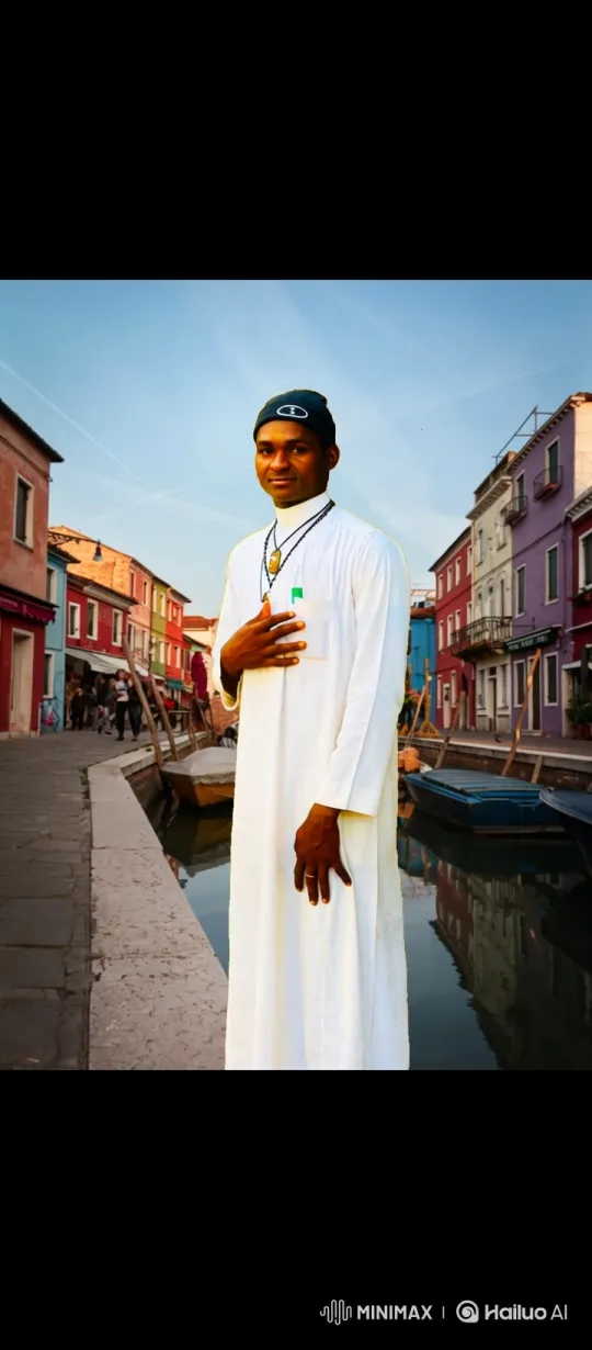 Man in White Robe Stands by Colorful Canal – AI Generated Video | Hailuo AI