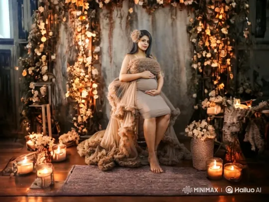 Pregnant Woman in Elegant Gown Amidst Royal-Themed Decor – AI Generated Video | Hailuo AI