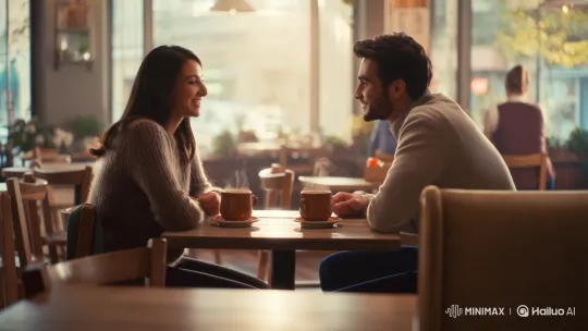 Cozy Café Chat: Man and Woman Enjoying Coffee – AI Generated Video | Hailuo AI