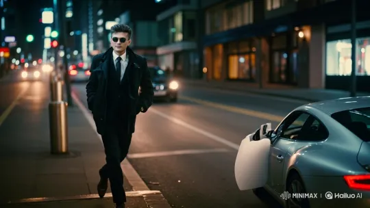 Stylish Man Enters Porsche, Drives Away in Night City – AI Generated Video | Hailuo AI